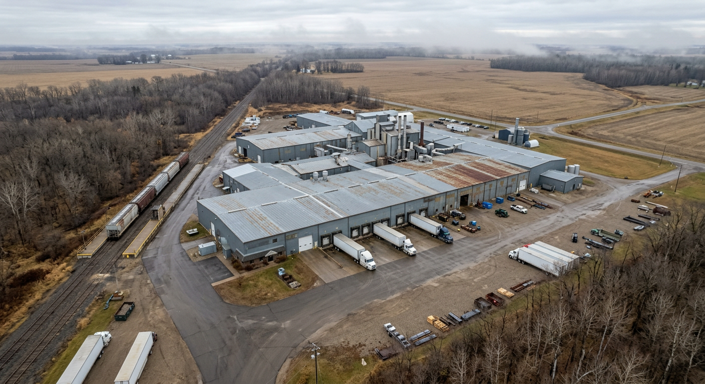 Aerial view of a Minnesota industrial plant, loading docks and rail spur