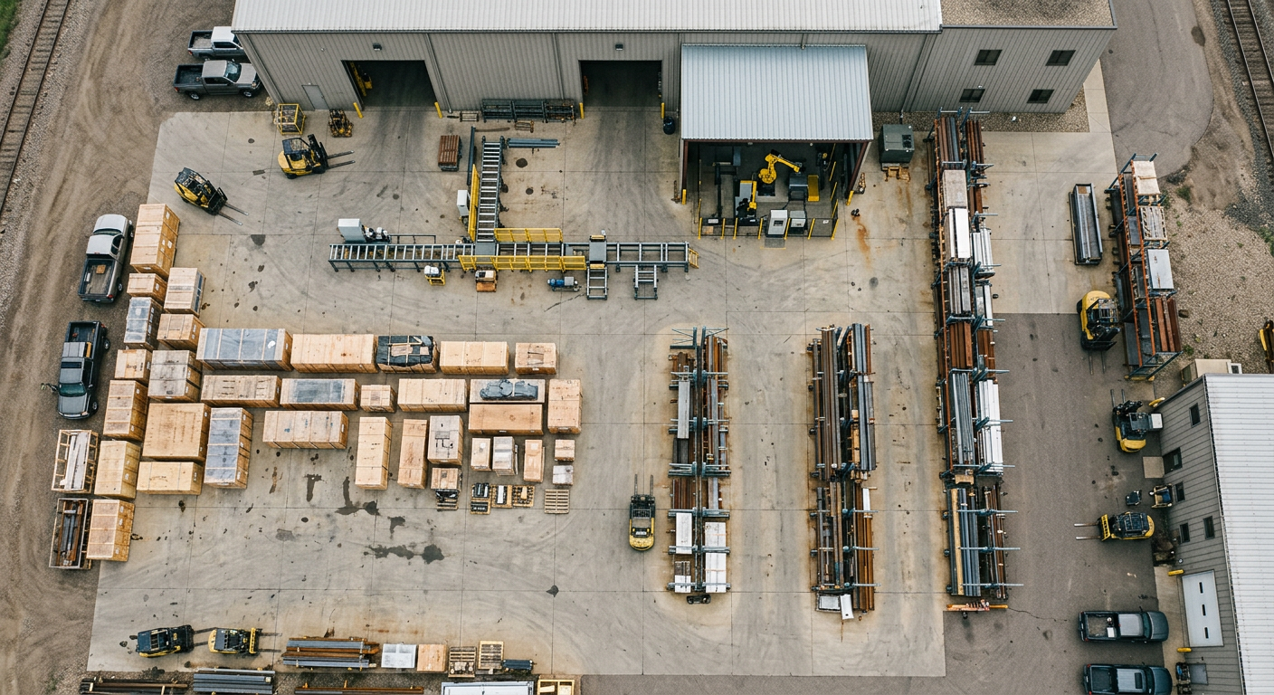 Overhead view of a plant equipment yard with robotics, conveyor and packaging machinery